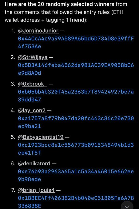 A screenshot listing the first seven (@JorginoJunior, @StrWijaya, @0xbrook_, @lay_con2, @Babyscientist19, @denikaton1, and @brian_louis4) of 20 randomly selected whitelist giveaway winners, each tagged with their Ethereum wallet address for verification using the newly released wallet checker.