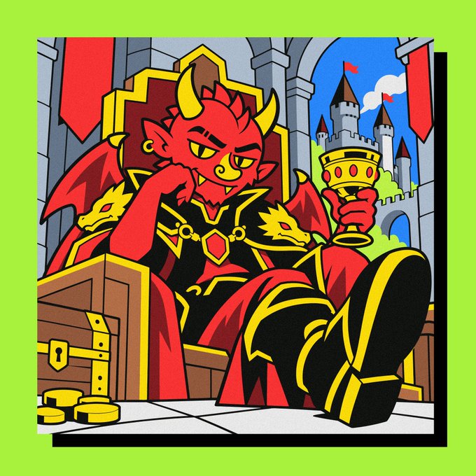 A cartoon-style illustration of a red demon king with horns and yellow eyes, sitting on a throne while holding a golden goblet, with a treasure chest and gold coins beside him and a castle visible in the background.