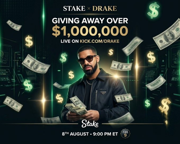 The promotional image features Drake holding cash, announcing a Stake x Drake collaboration where over $1,000,000 will be given away live on kick.com/drake on 8th August at 9:00 PM ET, aligning with the post's excitement about Stake's monthly milestone and 9th anniversary celebration with Drake.