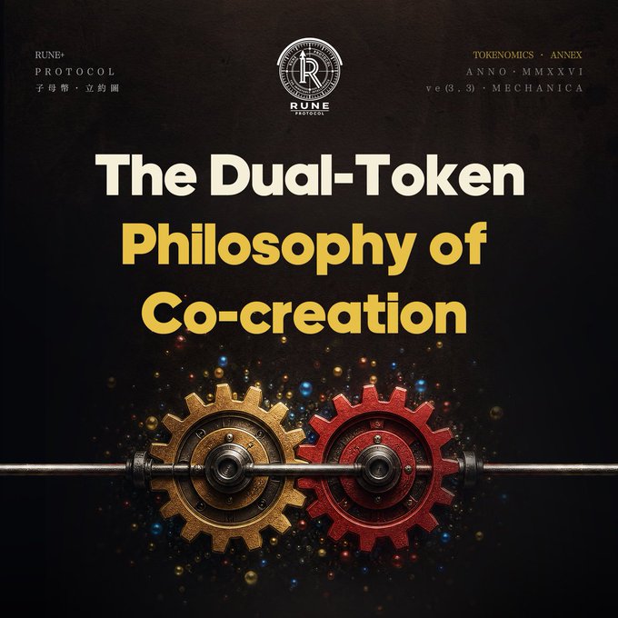 The image features a pair of gears with one gear being red and the other being gold, set against a black background. The caption above the gears reads "The Dual-Token Philosophy of Co-creation". Below this, there are two more captions that read "Rune - Value, scarcity, consensus. EMBER - Utility, vitality, growth. Covenant - Time-locked conviction." and "Co-create. Co-exist." respectively. The image also includes a logo for the company Rune.