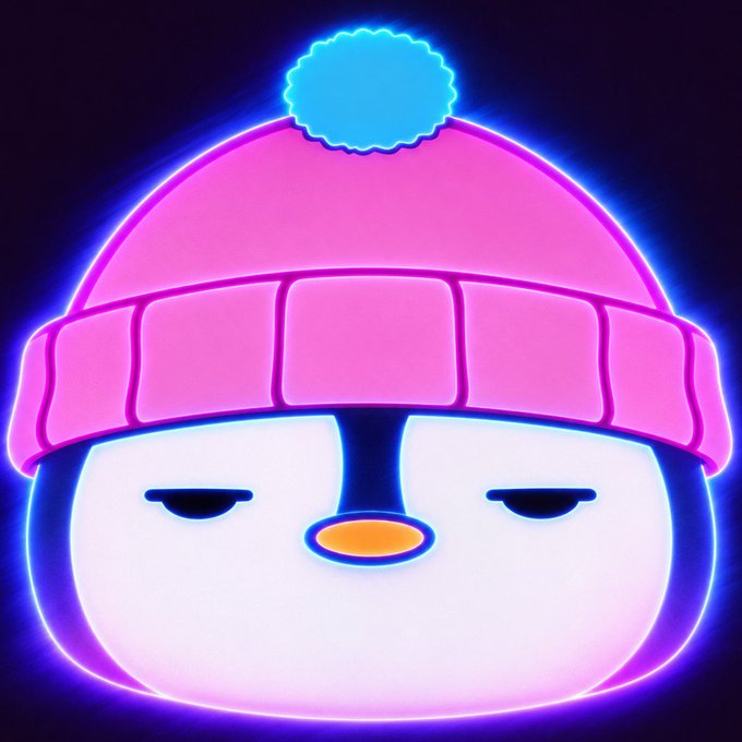 A neon-lit digital illustration of a cute penguin character wearing a pink beanie hat with a blue pom-pom against a dark background.