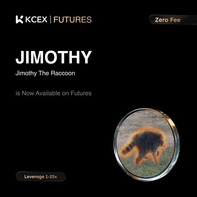 KCEX Futures announcement stating that 'JIMOTHY' (Jimothy The Raccoon) is now available on Futures with zero fees and 1-25x leverage, featuring a glowing circular token icon of a raccoon.