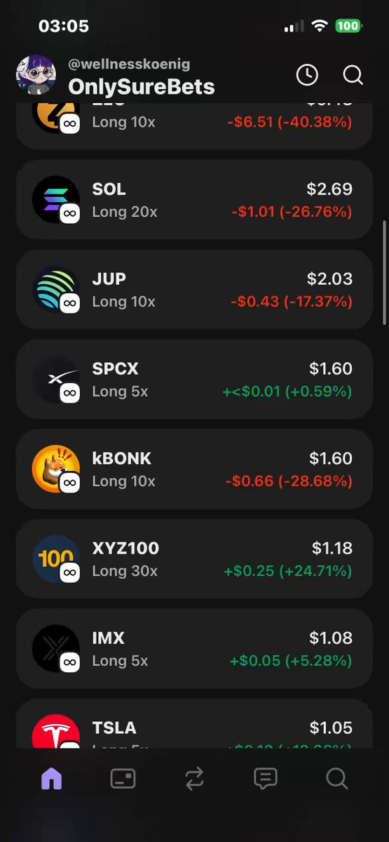 The image shows an iPhone screen displaying various stock market data from different companies, including some that have negative prices or are trading below zero. The screen also features icons for specific stocks such as "SPCB", "Long 10x", "JCP", "SPCPX", and "Ipx". The post titled "Habe den Stock $xyz100 geschlossen weil Stocks mag ich net um ... Liquidation zu entgehen war Fehler den anderen helfen zu wollen wieder onchain geht net vlt geht der 0.50 $ grün lassen nuraber gerundet!" indicates the content of the post is related to stock trading or investing, with a focus on negative prices for certain stocks.