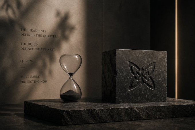 A stone pedestal holds an hourglass alongside a dark marble block etched with a butterfly emblem, while faint text on the wall reads "THE HEADLINES DEFINED THE QUARTER," "THE BUILD DEFINED WHAT'S NEXT," "Q2 2026," and "BUILT EARLY. PROTECTING NOW."—visually echoing Quip Network's message of forward-thinking preparation for the quantum era.