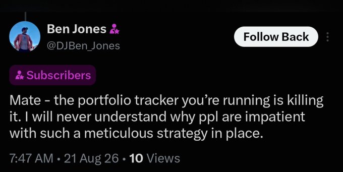 The image shows a testimonial tweet from "Ben Jones (@DJBen_Jones)" at 7:47 AM on 21 Aug, which reads: "Mate - the portfolio tracker you're running is killing it. I will never understand why ppl are impatient with such a meticulous strategy in place." The post received 10 views and is tagged as a Subscribers tweet, serving as social proof to support the accompanying promotion about remaining spots in the Telegram portfolio service.