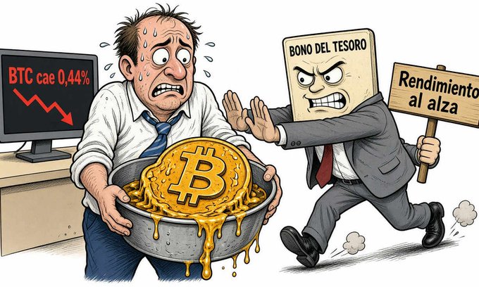 A cartoon illustration shows a sweating man holding a bowl of gold Bitcoin, with a monitor reading 'BTC cae 0,44%', while an angry character labeled 'BONO DEL TESORO' approaches holding a sign reading 'Rendimiento al alza'.