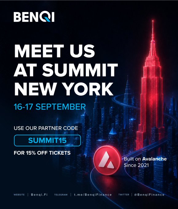 A promotional advertisement for BenQi announcing 'MEET US AT SUMMIT NEW YORK' on 16-17 September, offering 15% off tickets with the partner code 'SUMMIT15', noting it has been 'Built on Avalanche Since 2021'.