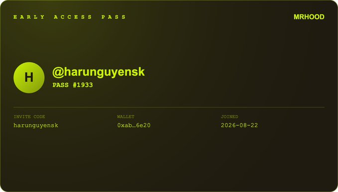 An Early Access Pass card from MRHOOD displaying the username @harunguyensk, Pass #1933, wallet 0xab...6e20, invite code harunguyensk, and a join date of 2026-08-22.