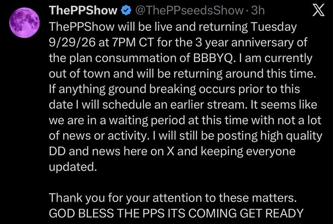 A screenshot of a tweet from @ThePPseedsShow announcing a livestream on Tuesday 9/29/26 at 7PM CT for the 3-year anniversary of the BBBYQ plan consummation, ending with the message "GOD BLESS THE PPS ITS COMING GET READY." The caption's mocking tone about celebrating losing 100% of an investment aligns with the image's promotion of a commemorative stream for the defunct BBBYQ ticker.