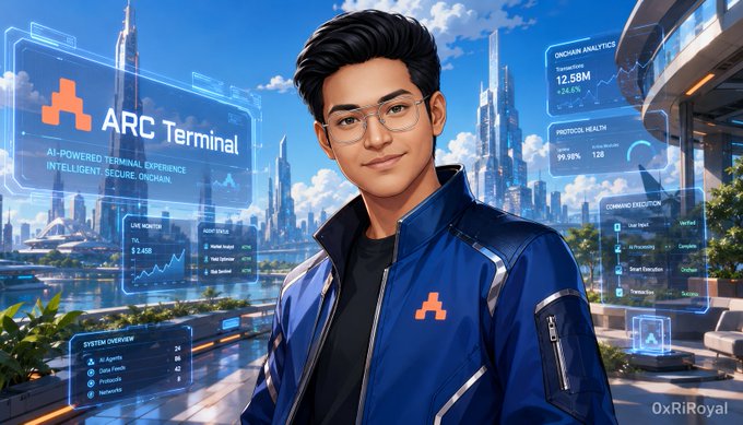 A digital illustration of a young man in a blue jacket standing before a futuristic city skyline, surrounded by holographic interface panels displaying "ARC Terminal" branding and system analytics.