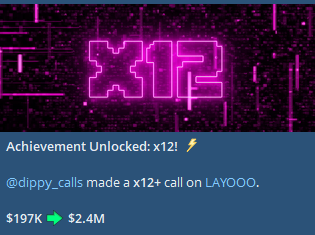 The image shows "Achievement Unlocked: x12!" with the text "@dippy_calls made a x12+ call on LAYOOO," illustrating a 12x gain from $197K to $2.4M, likely in relation to the accompanying post about "FUCKING GOOD MONEY WE PRINT ON $LAYOOO".