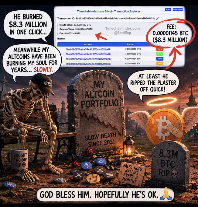 The image shows a cartoon illustration of a skeleton sitting on a bench next to a tombstone, surrounded by various coins scattered around them. The caption reads "Focus on what is in the image and how it relates to the post". This suggests that the image might be related to an online meme or joke about Bitcoin transactions gone wrong, with the skeleton symbolizing someone who has lost their Bitcoins due to a failed transaction.