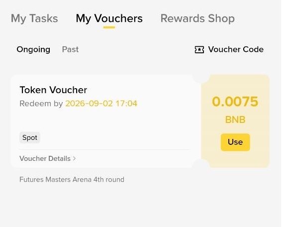 The image features a promotional display of an app called "My Voucher" that is related to Future Masters Arena 4th round. The main focus is on a screen shot, which shows the user's transactions with BNB. There are several transactions displayed in the screenshot, including one where 0.0575 BNB has been used for a token gift. It also appears that the user has received other token gifts and payments as part of their "My Voucher" activity on Future Masters Arena 4th round.