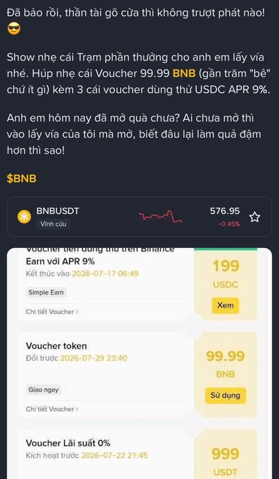 A Vietnamese crypto post celebrating recent Binance winnings, showing BNB priced at 576.95 (down 0.45%) alongside three active vouchers: 199 USDC Simple Earn at 9% APR (expiring July 17, 2026), 99.99 BNB Voucher token reward (expiring July 29, 2026), and a 999 USDT zero-interest voucher (activated July 22, 2026). The voucher rewards visually support the post's claim about winning 99.99 BNB worth approximately 60K USD.