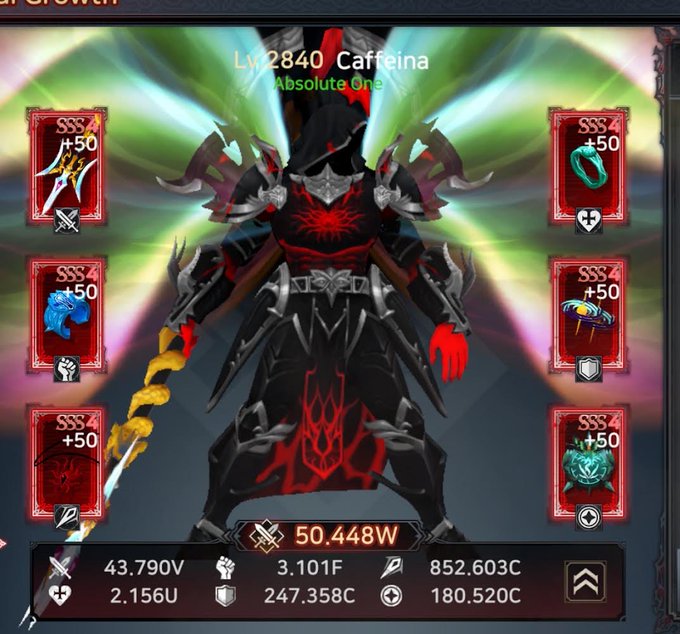 A video game character profile screen showing 'Lv. 2840 Caffeina' as an 'Absolute One' with a power level of 50.448W, surrounded by SSS+50 equipment cards displaying various weapons, armor, and accessories.