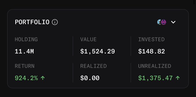 Dark-themed portfolio dashboard showing HOLDING 11.4M, VALUE $1,524.29, INVESTED $148.82, RETURN 924.2%, REALIZED $0.00, and UNREALIZED $1,375.47.