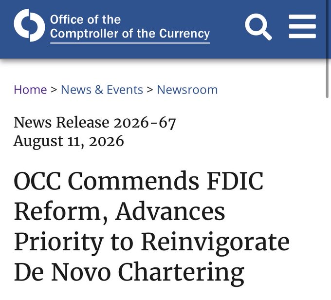 Screenshot of an OCC (Office of the Comptroller of the Currency) newsroom webpage featuring News Release 2026-67 dated August 11, 2026, with the headline "OCC Commends FDIC Reform, Advances Priority to Reinvigorate De Novo Chartering"—aligning with the post's message about Comptroller Jonathan Gould championing national bank charters for digital asset companies.