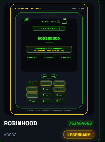 A neon-green digital keypad NFT labeled "ROBINHOOD" with the ID 762464663 and tag #0002, displayed as a "LEGENDARY ARTIFACT" mimicking a retro security scanner, ties directly to the post's announcement of the free mint giveaway for the T9 Keypad NFT collection (ID: 4663) on the Robinhood chain.