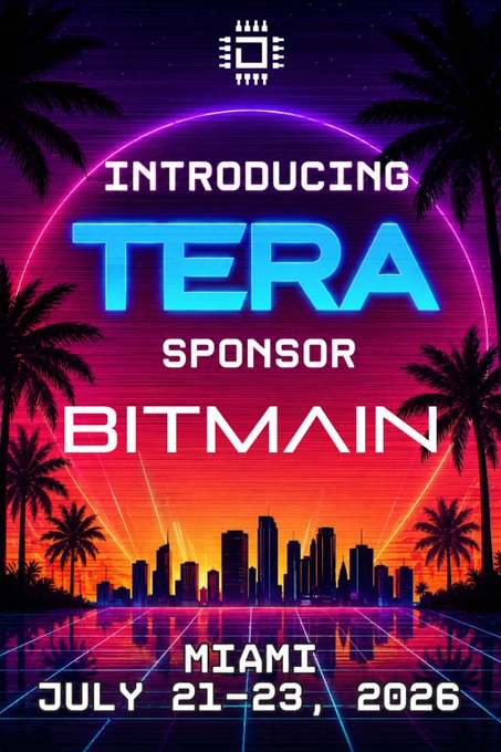 The image features a poster advertising an event called "Introducing Tera Sponsor Bitmain". The poster has a vibrant cityscape with buildings at sunset, creating a striking visual effect. The text on the poster includes the names of the sponsors and the date of the event, as well as the location where it will be held. The image also contains a small logo for the sponsor "BITMAINtech" along with the text "Let's give a warm welcome to Tera Sponsor @BITMAINtech Meet the team at booth @miningdisrupt 2026!".