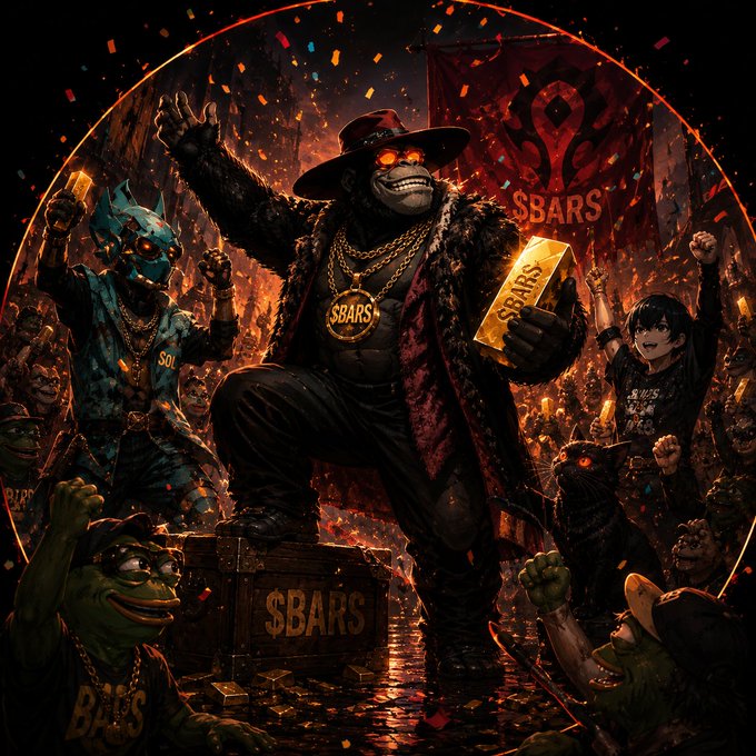 A grinning gorilla in a red fedora and fur coat triumphantly hoists a gold "$BARS" bar on a treasure chest amid a chaotic crowd of revelers, with a banner and pendant displaying the $BARS token logo—visually celebrating the post's announcement that CHEESEWIZSLAPZ bought the most $BARS tokens on the SOL chain.
