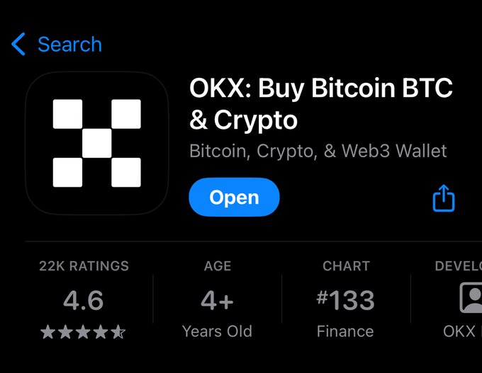 The image shows the App Store listing for "OKX: Buy Bitcoin BTC & Crypto," displaying a 4.6 rating from 22K reviews and a current Finance chart ranking of #133. This visual supports the post's claim about OKX's declining app ranking from #19 in September 2025 to #133 today, illustrating the assertion that retail interest in crypto has cooled significantly.