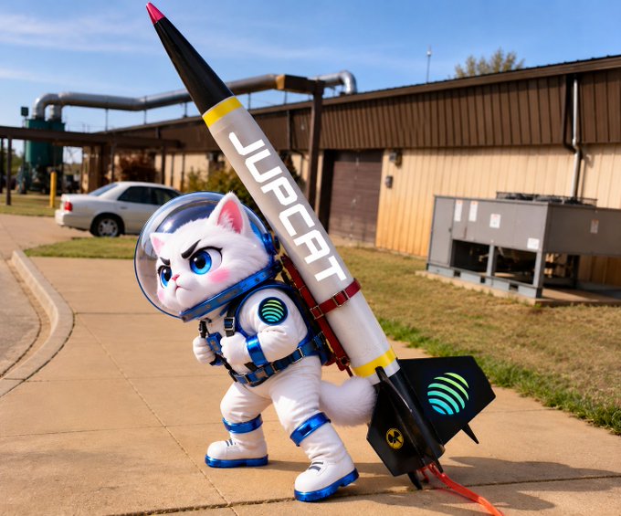 A white anthropomorphic cat character in a spacesuit carries a large rocket labeled "TENCENT" on its shoulders, walking outside an industrial building.