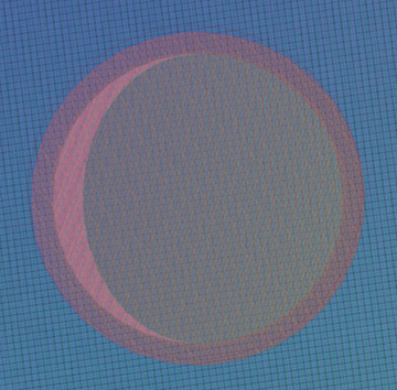 A pink crescent moon shape on a blue textured background.