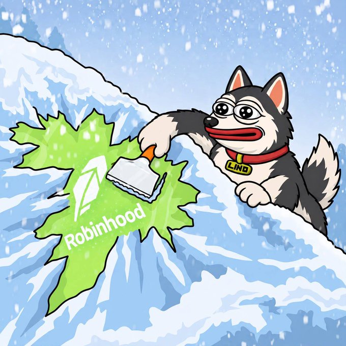 A cartoon husky dog wearing a red collar with a 'LIND' tag scrapes a Robinhood logo on a snowy mountain with a squeegee, set against a snowy blue background.