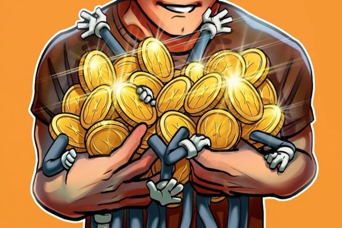 urn of gold coins, held by a person with white gloves and a brown shirt against an orange background.