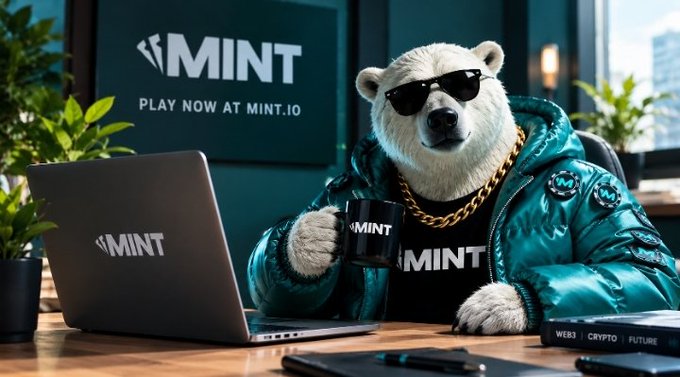 A polar bear wearing sunglasses and a teal puffer jacket sits at a desk with a laptop and mug, both branded with the 'MINT' logo, with text 'PLAY NOW AT MINT.IO' and 'WEB3 CRYPTO FUTURE'.
