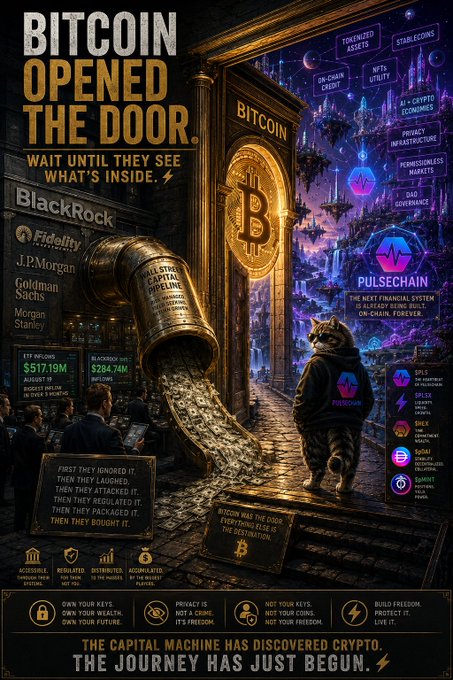 Promotional poster titled 'BITCOIN OPENED THE DOOR' with a fantasy door scene, listing institutional adopters like BlackRock, Fidelity, and JPMorgan, featuring a cat in a Bitcoin hoodie and the tagline 'THE CAPITAL MACHINE HAS DISCOVERED CRYPTO. THE JOURNEY HAS JUST BEGUN.'