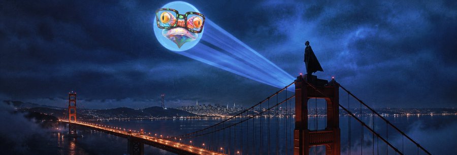 A surreal night scene shows a Batman-like figure standing atop the Golden Gate Bridge, with a giant moon in the sky projecting a giant screaming face and beams of light.