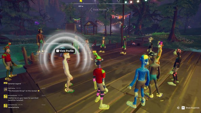 A screenshot from the game Fortnite showing various player avatars dancing and socializing on a wooden boardwalk area near water, with a 'View Profile' tooltip displayed.