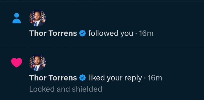 Twitter notifications show 'Thor Torrens ✓ followed you • 16m' and 'Thor Torrens ✓ liked your reply • 16m' with the reply text 'Locked and shielded'.