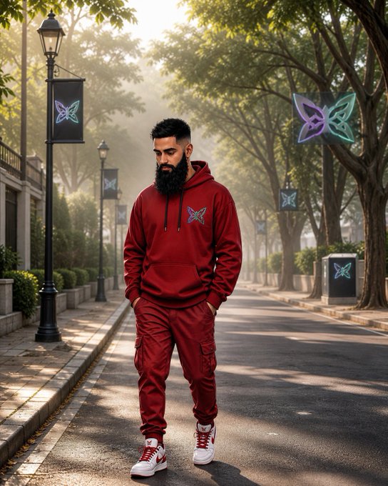 A digitally rendered image of a bearded man in a red tracksuit walking down a tree-lined street decorated with glowing butterfly signs.