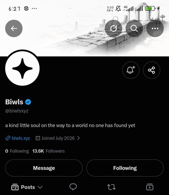 The image shows the X (Twitter) profile page of "Biwls" (@biwlsxyz), featuring a verified account with the bio "a kind little soul on the way to a world no one has found yet," 13.6K followers, and 0 following. It serves to identify the @biwlsxyz account mentioned in the post, which compares three crypto projects as seemingly inaccessible or hidden, aligning with the profile's mysterious bio about a "world no one has found yet."
