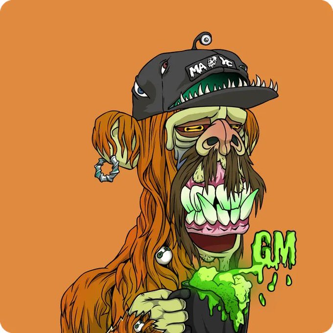 A cartoon illustration of a monstrous, zombie-like pirate character with long orange hair, a skull-adorned hat, sharp teeth, and a green slimy substance dripping from its mouth and hands, with the letters 'GM' in green slime, set against an orange background.