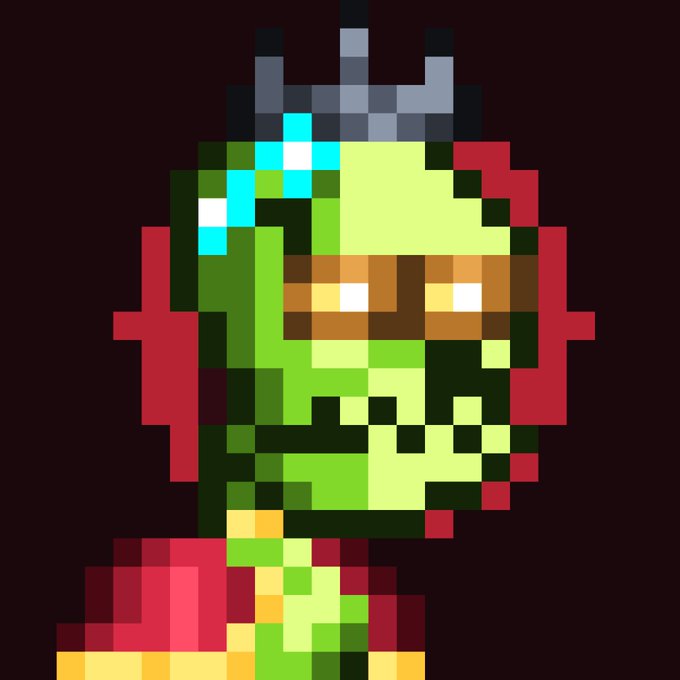 A pixel art portrait of a green-skinned zombie-like character wearing a small grey crown and an eyepatch or visor with a glowing cyan gem, set against a black background.