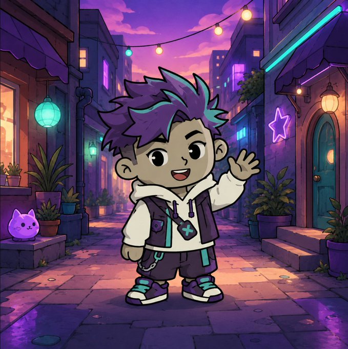 The image features a cartoon character, likely a boy or a girl, standing on a street with their arms raised high. They are wearing a hoodie and shorts, giving off a casual and friendly vibe. The background of the image includes buildings and neon lights, creating an urban atmosphere. There is also a cat sitting in one of the potted plants nearby.

The caption to this image reads: "Vairo is waking up. The countdown to launch has begun #memecoin #crypto #solana". This caption suggests that Vairo might be a character from a video game or an animated series, and it seems like they are about to embark on an exciting adventure or mission related to the game or series.