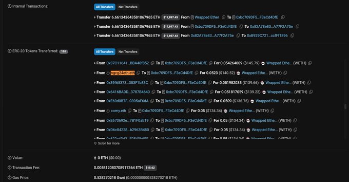 Etherscan transaction history showing ERC-20 token transfers to address 0xbc709DF5...F3ac04DfE, displaying multiple small transfers of wrapped ETH with values around $130-140.