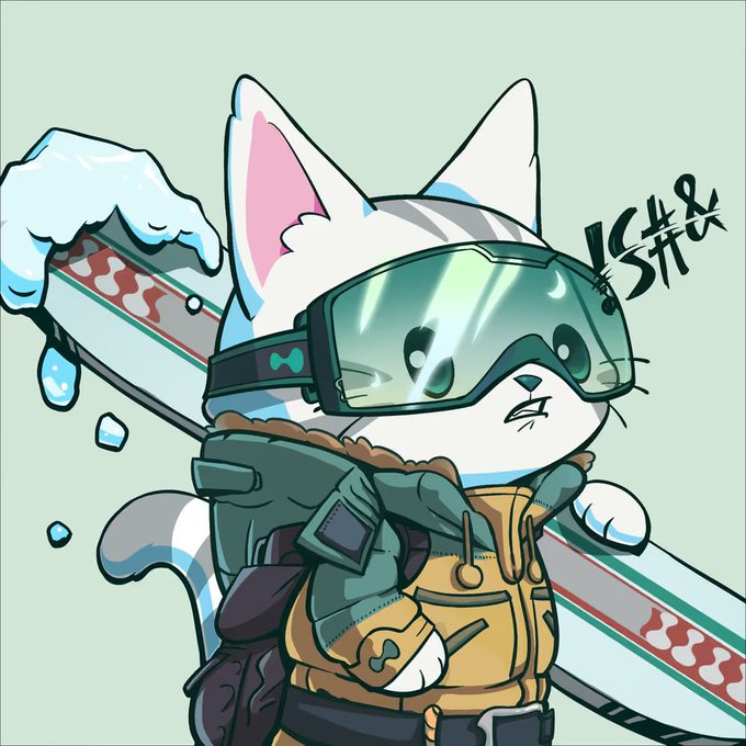 A whimsical cartoon cat dressed in ski gear and oversized goggles carries a snowboard, with “VS#2” written in the upper-right.