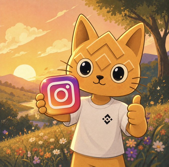 An illustration of a smiling cartoon cat with geometric markings holding up the Instagram logo and giving a thumbs up in a sunset landscape.