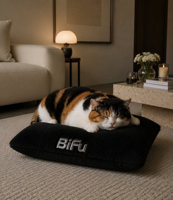 A calico cat peacefully sleeping on a black fluffy pillow labeled 'BIFU' in a cozy, modern living room setting with a lamp and candles in the background.