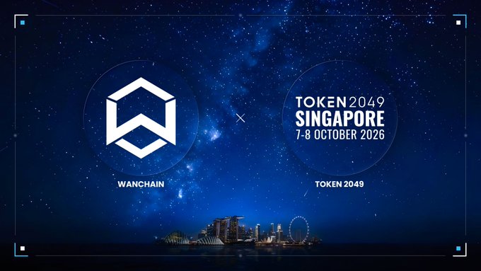 A promotional graphic featuring the Wanchain logo alongside "TOKEN2049 SINGAPORE 7-8 OCTOBER 2026" text, set against a starry night sky with the Singapore skyline and Marina Bay Sands visible at the bottom, announcing Wanchain's participation in the upcoming Web3 conference.