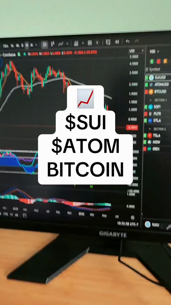 The image shows a computer monitor displaying a stock chart with Bitcoin symbols, indicating that someone has been analyzing Bitcoin trends using the software. The text "SUI ATOM BITCOIN CRYPTO ANALYSIS JUNE 5" suggests that this analysis was conducted in June of that year and is related to the cryptocurrency market.