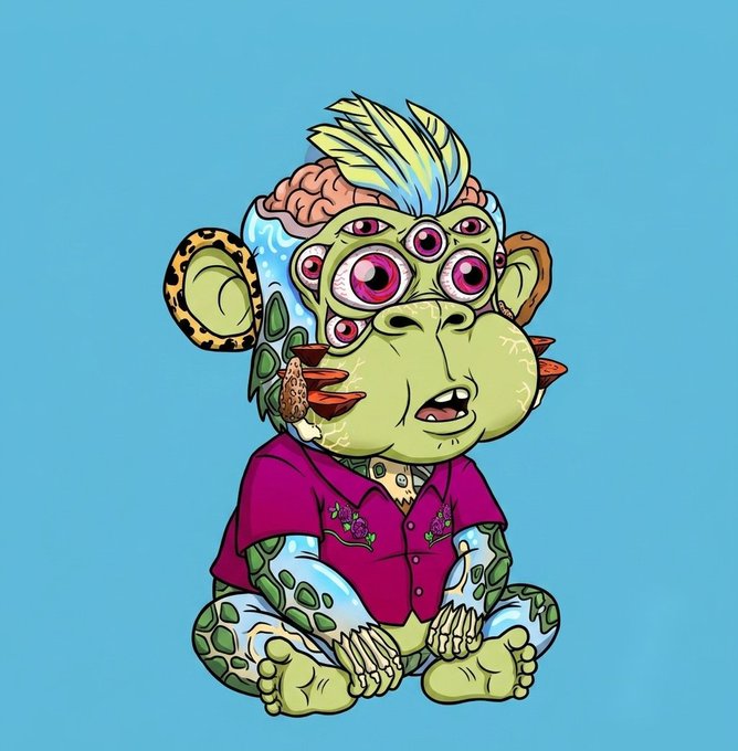 A cartoon illustration of a grotesque green monster baby with multiple eyes, exposed brain matter, and spiky protrusions, wearing a pink shirt against a teal background.