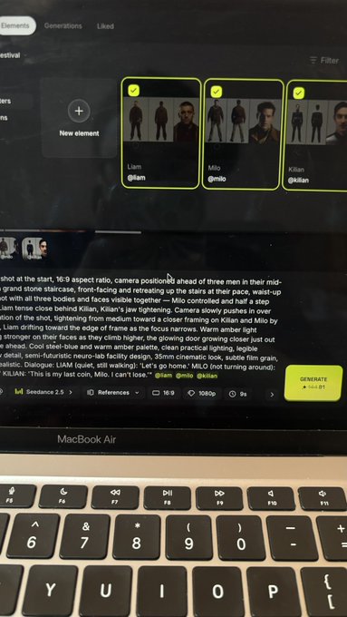 A MacBook screen displaying an AI video generation interface with character elements labeled 'Liam', 'Milo', and 'Kilian' (with @liam, @milo, @kilian tags) selected for a 16:9 cinematic shot of two men and a woman in a sci-fi staircase scene.