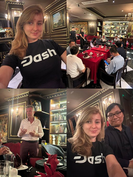 A four-panel collage showing a woman wearing a 'Dash' cryptocurrency t-shirt posing in an upscale restaurant, with other panels showing a dining event and a man gesturing during a presentation.