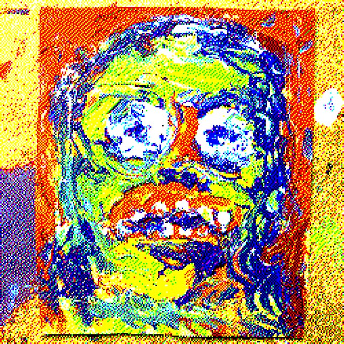 A heavily stylized, high-contrast pop-art portrait of a person with bulging eyes and an open mouth, rendered in vivid yellow, blue, and red hues.