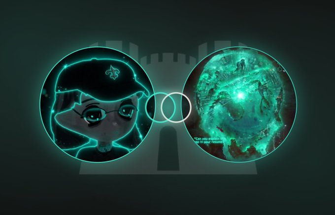 Two glowing teal circular avatars—one featuring an anime-style character wearing glasses and a cap, the other showing a swirling galaxy with the text "Can you explain to me your metaverse"—are connected by a Venn diagram-like intersection against a dark backdrop with a faint castle silhouette. The image humorously illustrates the post's joke about @francescoweb3 being versatile enough for any project, even bridging anime and metaverse concepts to build a metaphorical "football team."